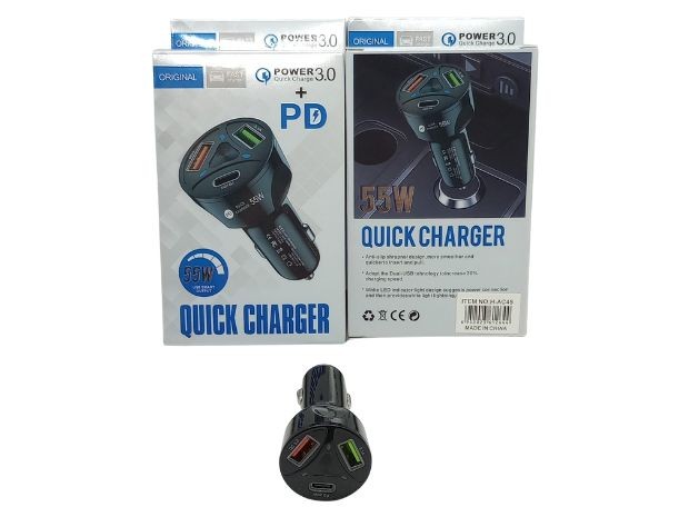 &uu CARGADOR AUTO PD 55W 2USB + TIPO C AC45
