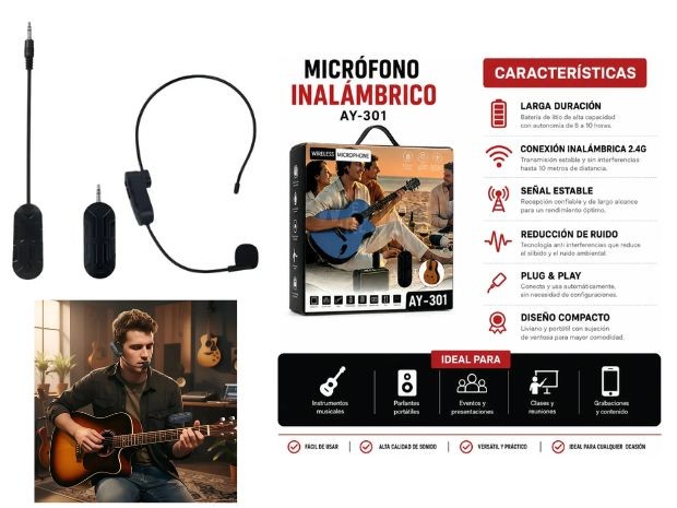 &ua MICROFONO INALAMBRICO CORBATERO CON RECEPTOR PLUG Y MINI PLUG AY-301