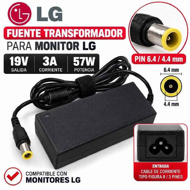 &ua FUENTE TRANSFORMADOR MONITOR LG 19V 3A PIN 6.4/4.4 MM
