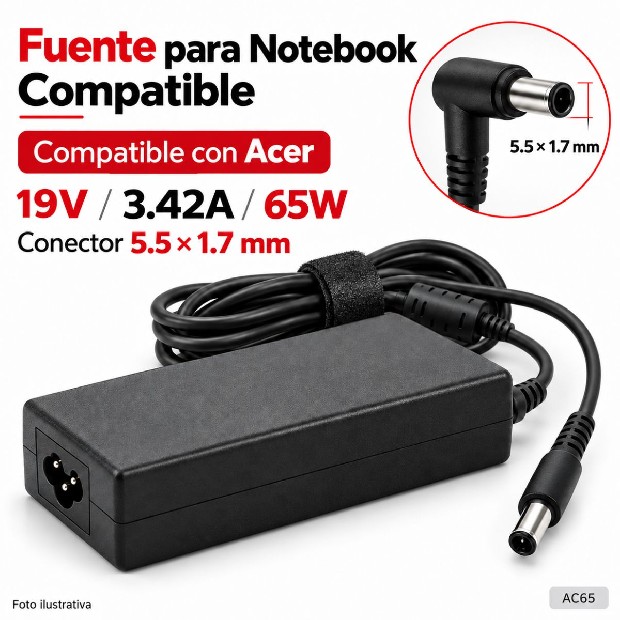 &ua FUENTE NOTEBOOK ACER 19V/3.42A/65W 5.5*1.7MM (AC65)