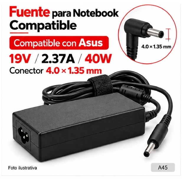 &ua FUENTE NOTEBOOK ASUS 19V/2.37A/40W 4.0*1.35MM (A45)