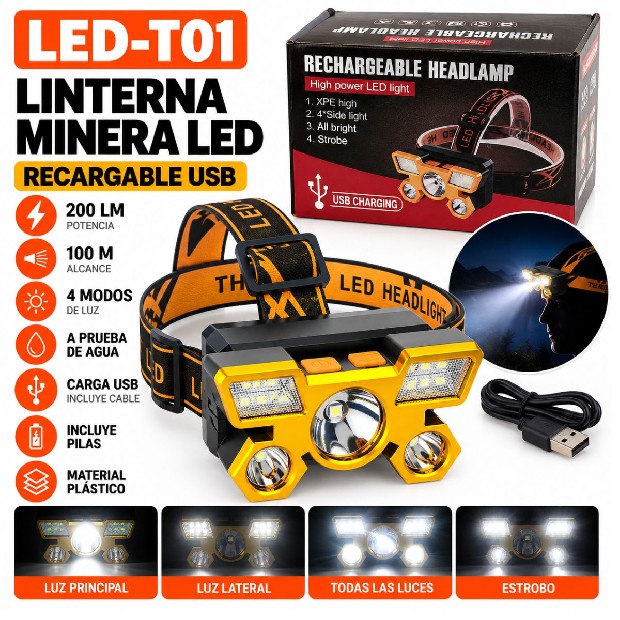 &ua LINTERNA MINERA RECARGABLE LED-T01