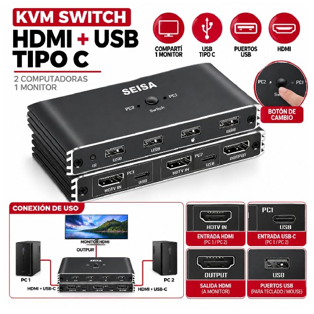 &ua SWITCH KVM HDMI Y USB TIPO C PARA 2 PC SM-KVM0201