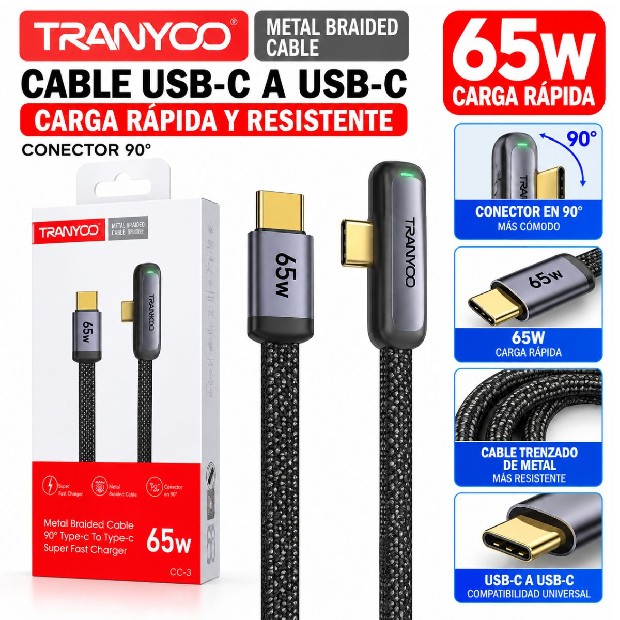 &ua CABLE CARGADOR TIPO C A TRANYCO 65W lUZ INDICADORA CC-3