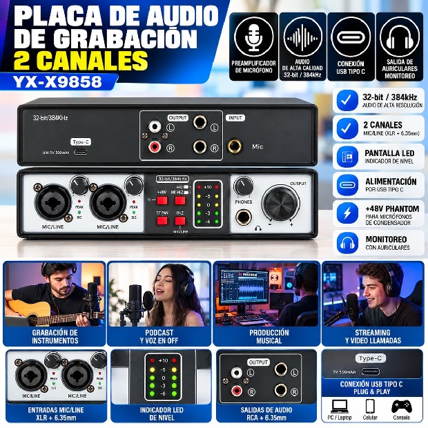 &ua PLACA DE AUDIO DE GRABACION 2 CANALES YX-X9858