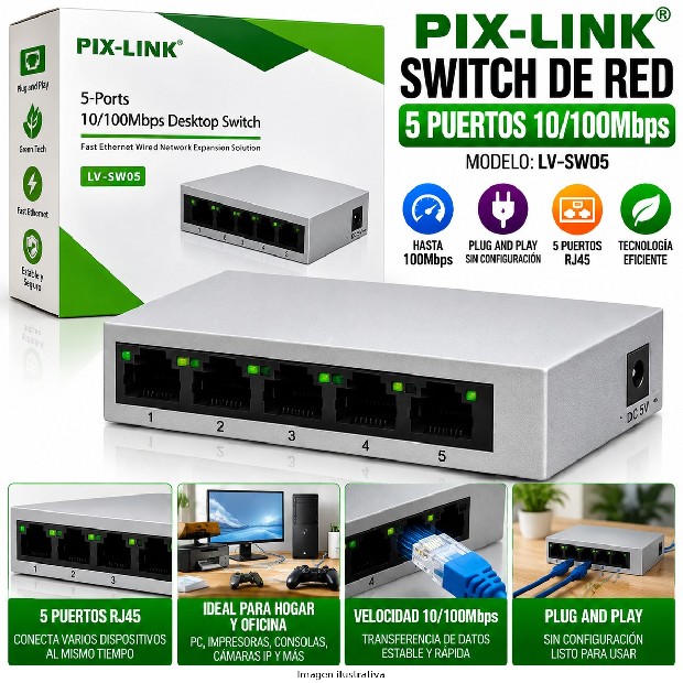 &ua SWITCH RED LAN 5 PUERTOS PIX-LINK LV-SW05 (7391)