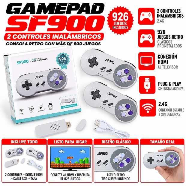 &ua  CONSOLA PORTATIL MINI ARCADE 1500 JUEGOS + 2 JOYSTICK WIRELESS SF900