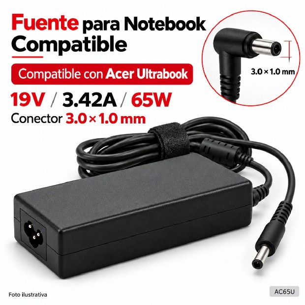 &ua FUENTE NOTEBOOK ACER ULTRABOOK 19V/3.42A/65W 3.0*1.0MM (AC65U)