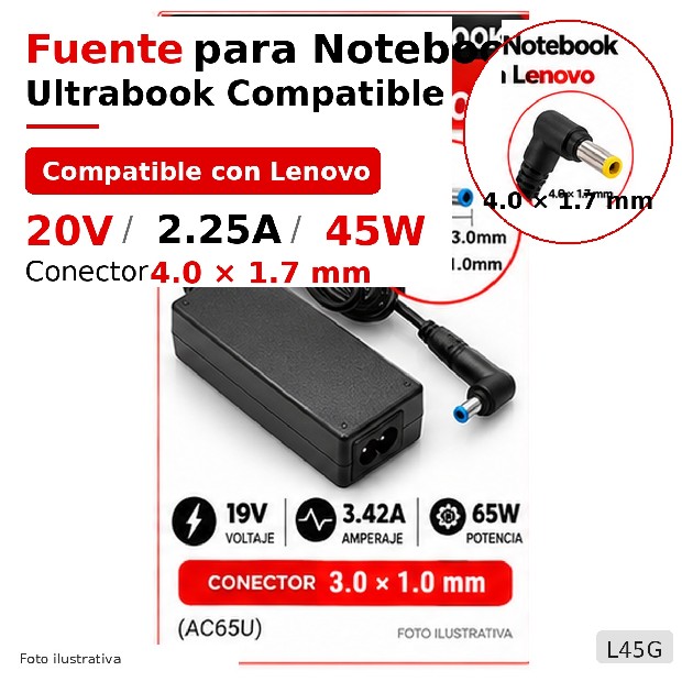 &ua FUENTE NOTEBOOK LENOVO ULTRABOOK 20V/2.25A/45W 4.0*1.7MM (L45G)