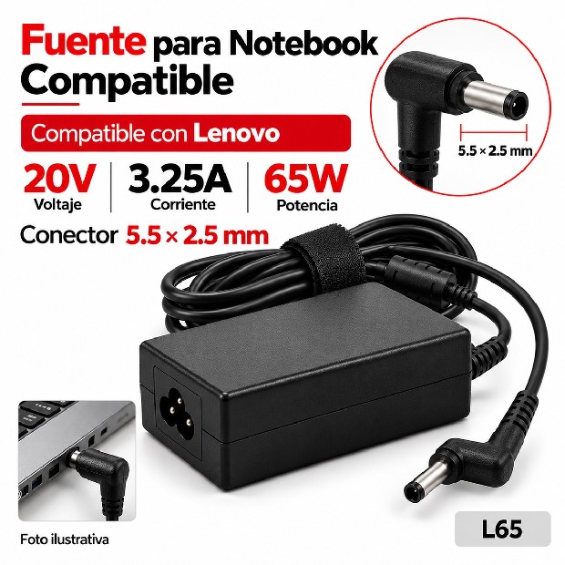 &ua FUENTE NOTEBOOK LENOVO 20V/3.25A/65W 5.5*2.5MM (L65)