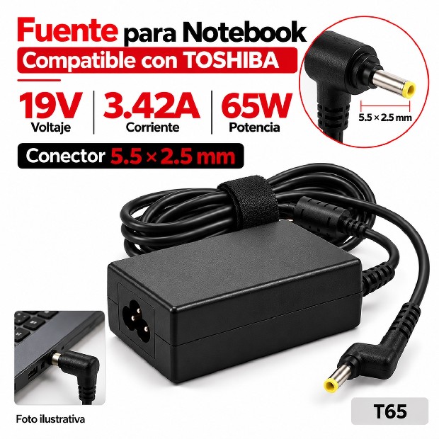 &ua FUENTE NOTEBOOK TOSHIBA 19V/3.42A/65W 5.5*2.5MM (T65)
