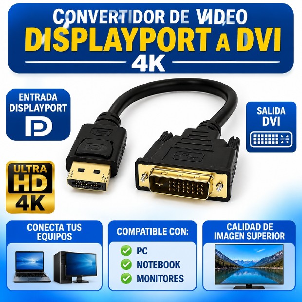 &uu CONVERTIDOR VIDEO CABLE DISPLAYPORT A A DVI 4K