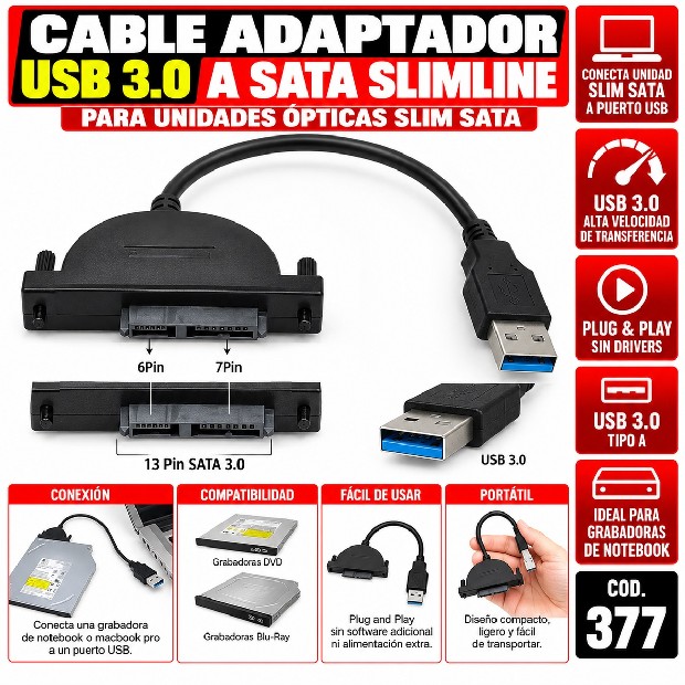 &ua CABLE ADAPTADOR USB 3,0 A SATA SLIMLINE (377)