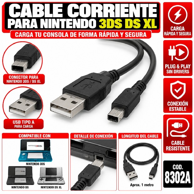 &ua CABLE CORRIENTE NINTENDO 3DS DS XL (8302a)