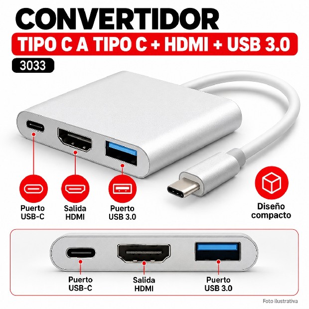 &ua  CONVERTIDOR CABLE TIPO C A TIPO C + HDMI + USB 3.0 (3033)