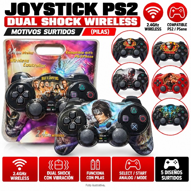 &ua JOYSTICK PS2 DUAL SHOCK WIRELESS MOTIVOS (PILAS)