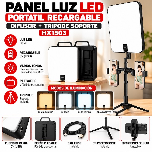 &ua PANEL LED 22X30CM + BASE Y SOPORTE CELULAR LED-HX1503 
