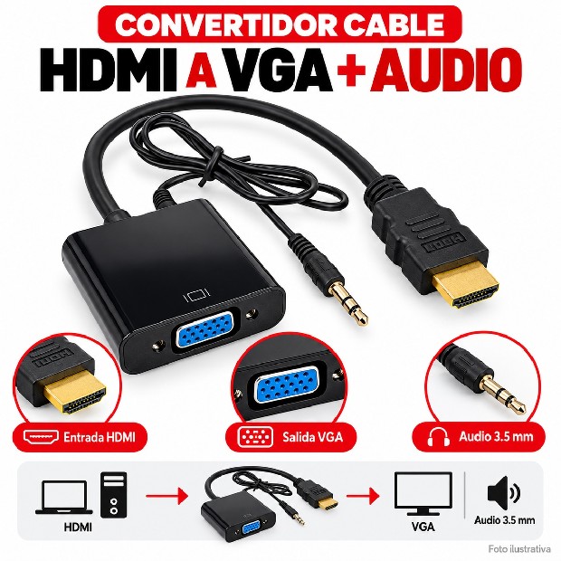 &ua CONVERTIDOR CABLE HDMI A VGA + AUDIO